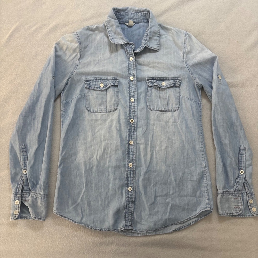 J.Crew Womens Light Wash Chambray Button Down Shirt Roll Tab Sleeve Size 2